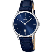 Quadrante blu sunray con indici a bastone argento, datario a ore 3 e lancette sottili argento dell'orologio Festina Classics uomo