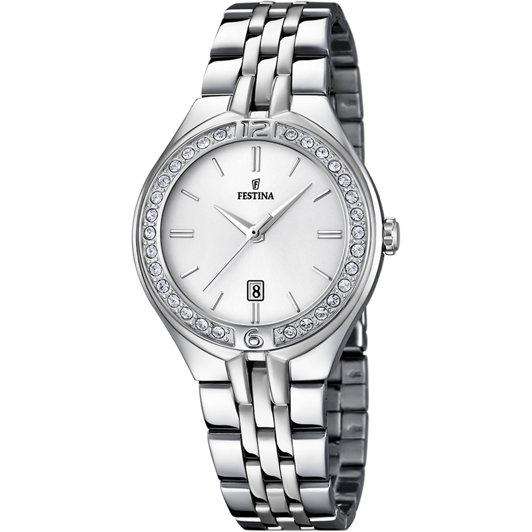 Quadrante argentato semplice con indici a bastone e lancette sottili argentate dell'orologio Festina Mademoiselle