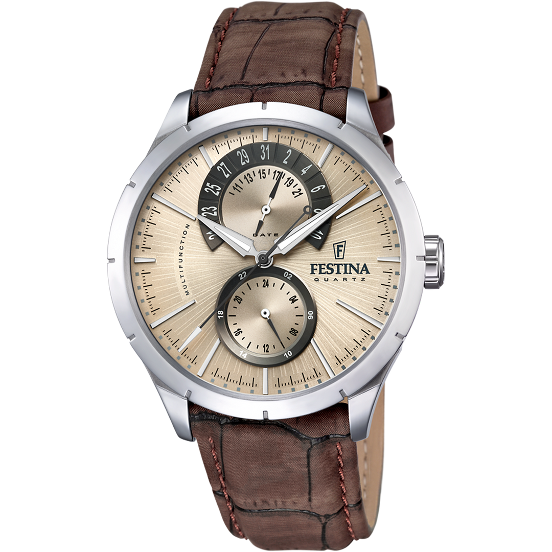 Quadrante beige con numeri arabi neri, tre contatori cronografici e lancette nere luminescenti dell'orologio Festina Retro