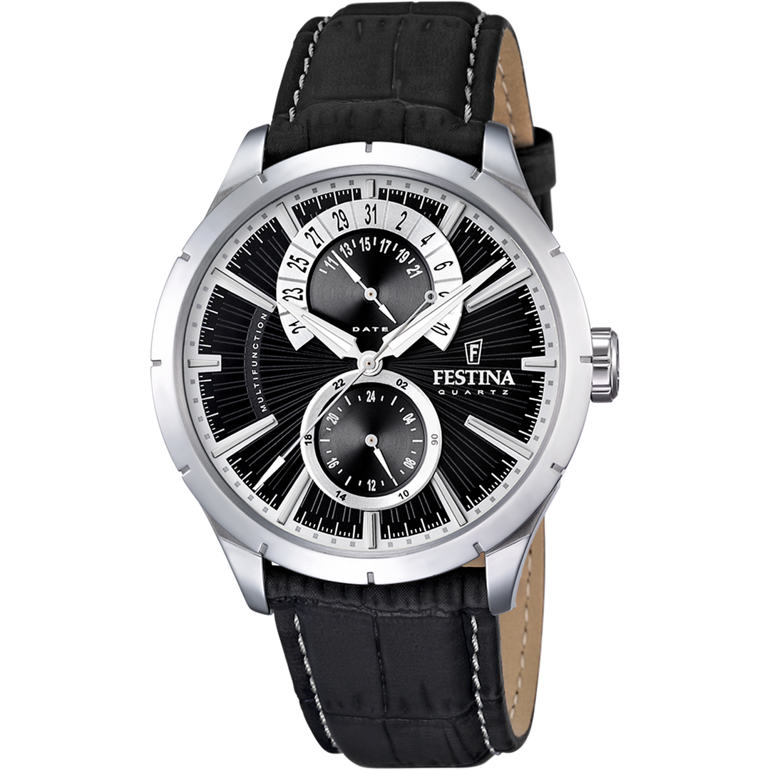 Quadrante bicolore nero e bianco lucido con numeri arabi neri e indici argentati, lancette luminose e tre contatori multifunzione dell'orologio Festina Retro