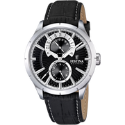 Quadrante bicolore nero e bianco lucido con numeri arabi neri e indici argentati, lancette luminose e tre contatori multifunzione dell'orologio Festina Retro