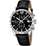 Load image into Gallery viewer, Quadrante nero con numeri arabi applicati, tre contatori cronografici e lancette argento luminescenti dell&#39;orologio Festina Timeless Chronograph
