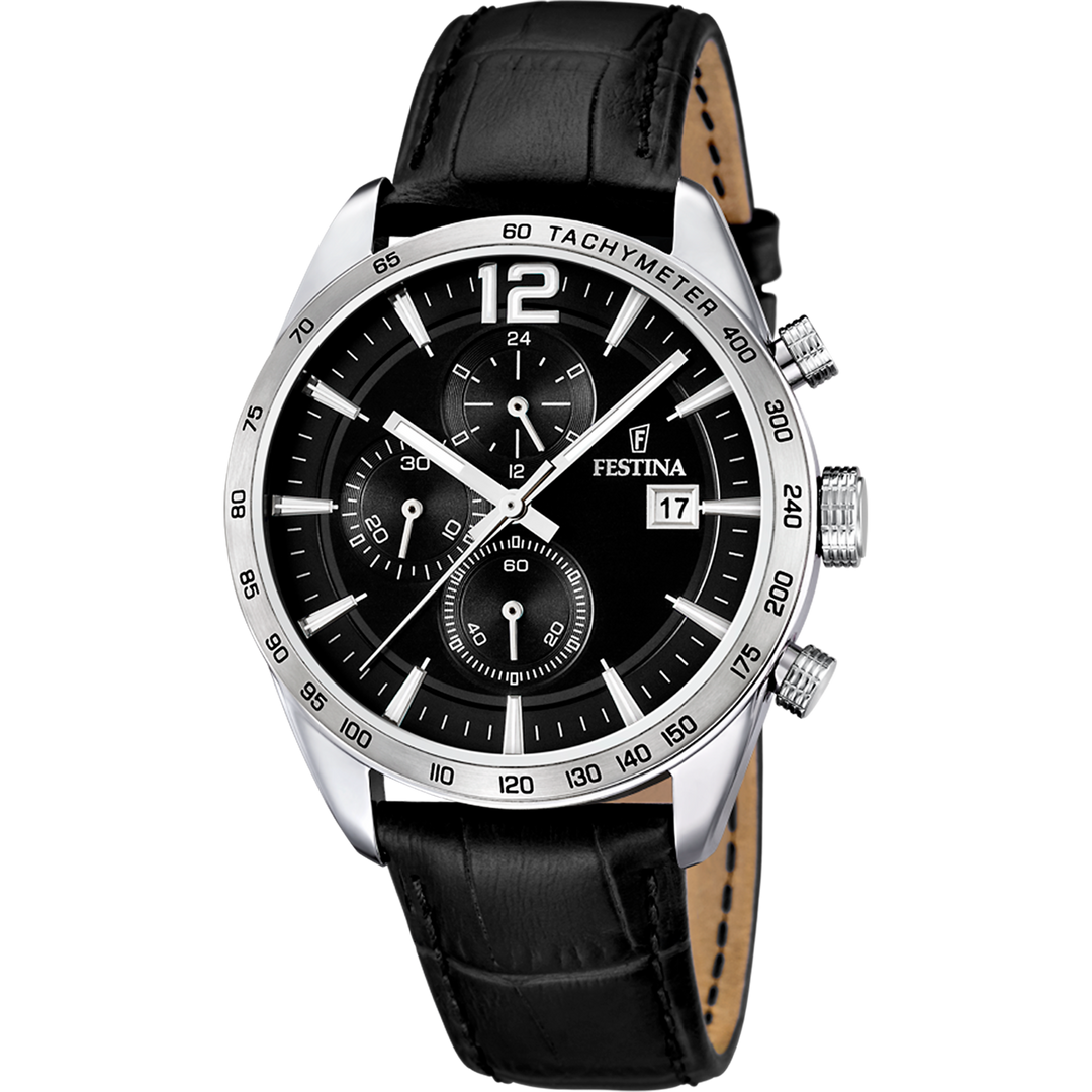 Quadrante nero con numeri arabi applicati, tre contatori cronografici e lancette argento luminescenti dell'orologio Festina Timeless Chronograph