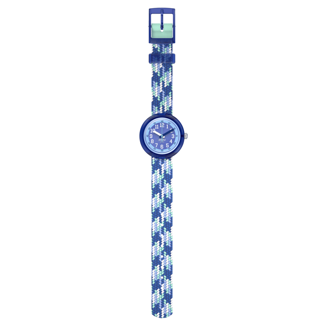 Vista laterale della cassa blu e fibbia blu dell’orologio Flik Flak Braid in Blue