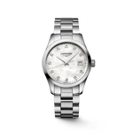Load image into Gallery viewer, Quadrante madreperla bianca con 11 indici di diamanti Top Wesselton VS-SI incastonati e lancette argentate lucide dell&#39;orologio Longines Conquest Classic al quarzo

