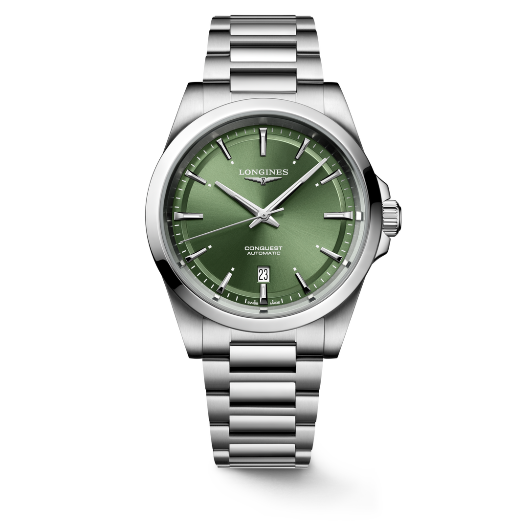 Quadrante verde sunray con indici applicati luminosi e lancette argentate lucide con trattamento Swiss Super-LumiNova® dell'orologio Longines Conquest automatico