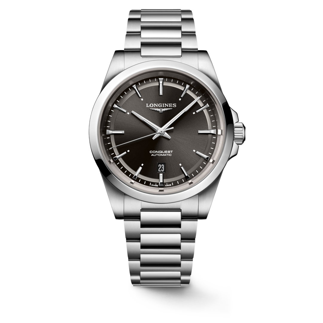 Quadrante nero a raggi di sole con indici applicati e lancette argentate lucide con trattamento Swiss Super-LumiNova® dell'orologio Longines Conquest automatico