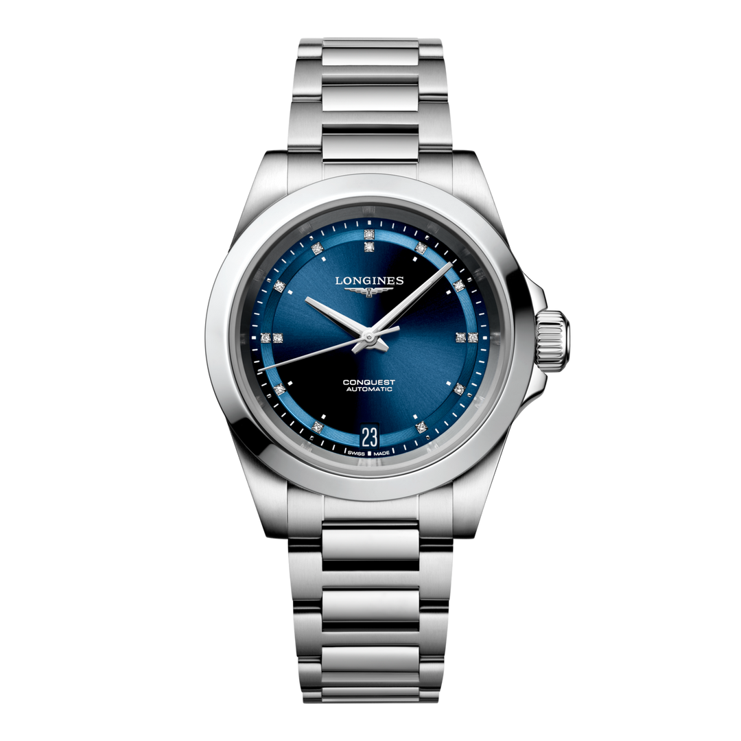 Quadrante blu a raggi di sole con 14 diamanti Top Wesselton VS-SI incastonati e lancette argentate lucide con trattamento Swiss Super-LumiNova® dell'orologio Longines Conquest donna