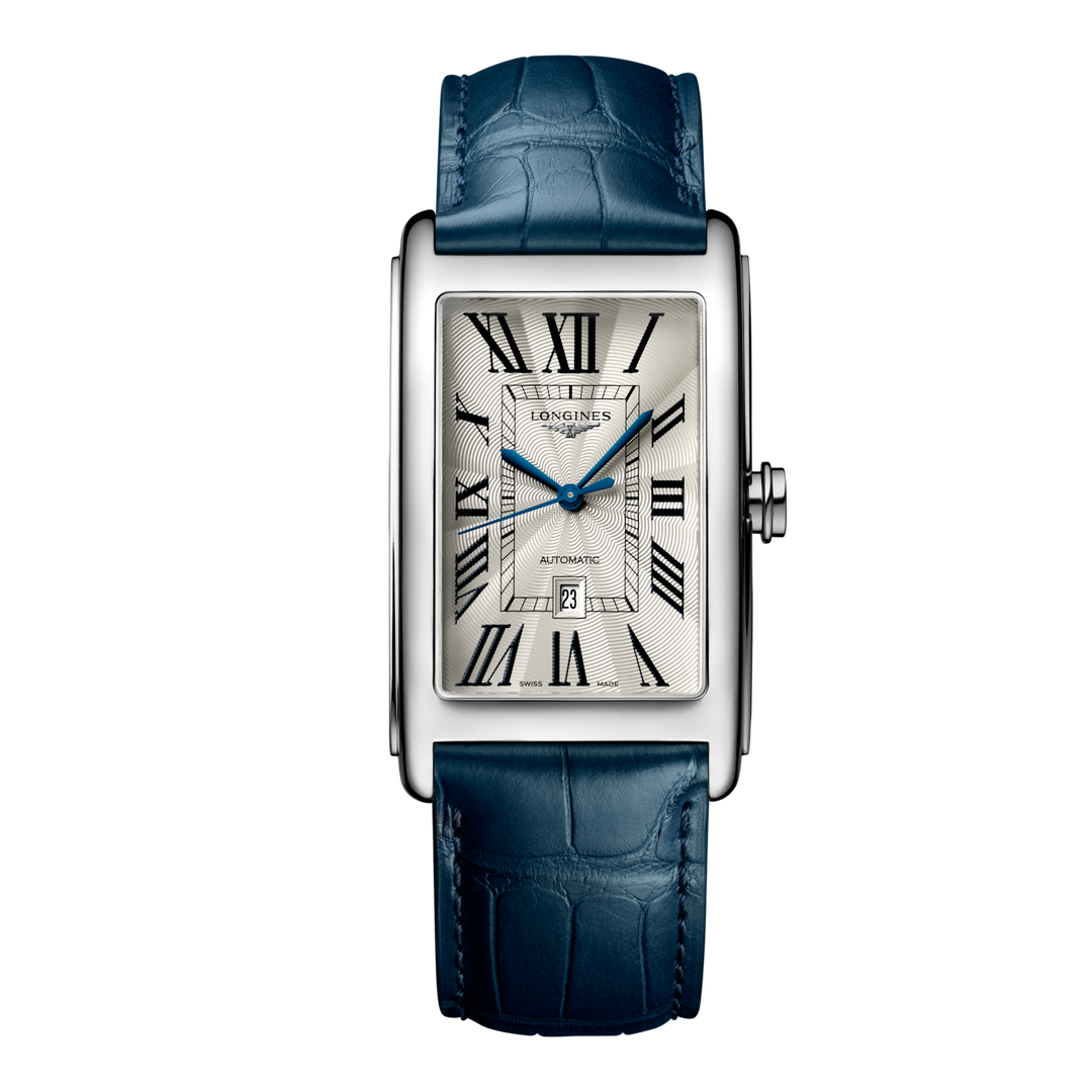 Quadrante argento flinqué con numeri romani dipinti e lancette in acciaio azzurrato dell'orologio Longines DolceVita automatico