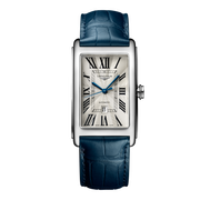 Quadrante argento flinqué con numeri romani dipinti e lancette in acciaio azzurrato dell'orologio Longines DolceVita automatico