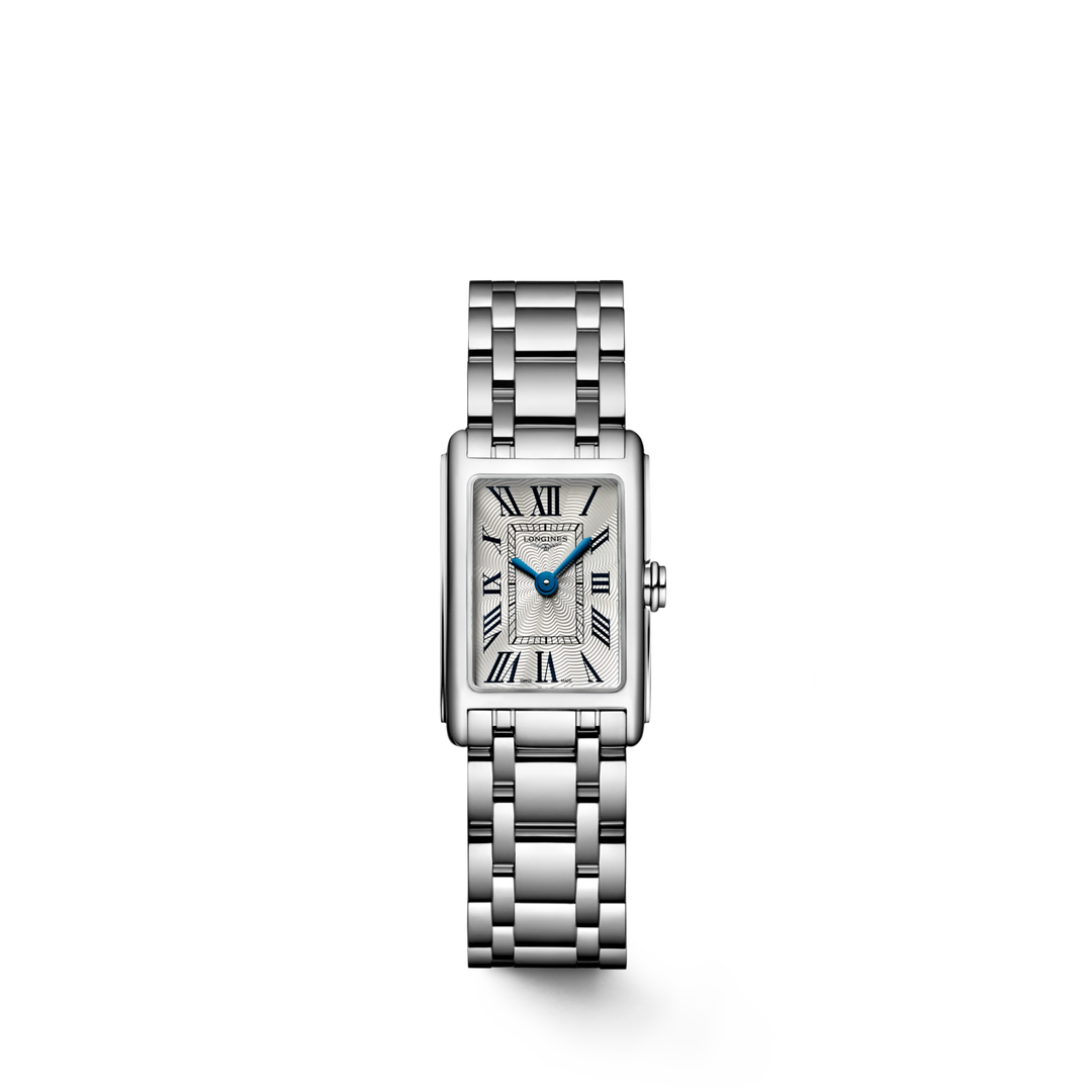 Quadrante grigio con numeri romani dipinti e lancette in acciaio azzurrato dell'orologio Longines Dolcevita al quarzo
