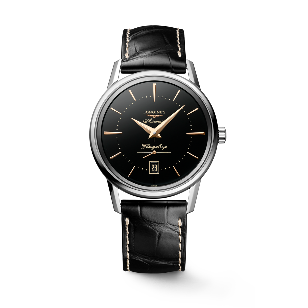 Quadrante nero con indici applicati e lancette rosa con trattamento Swiss Super-LumiNova® dell'orologio Longines Flagship Heritage automatico