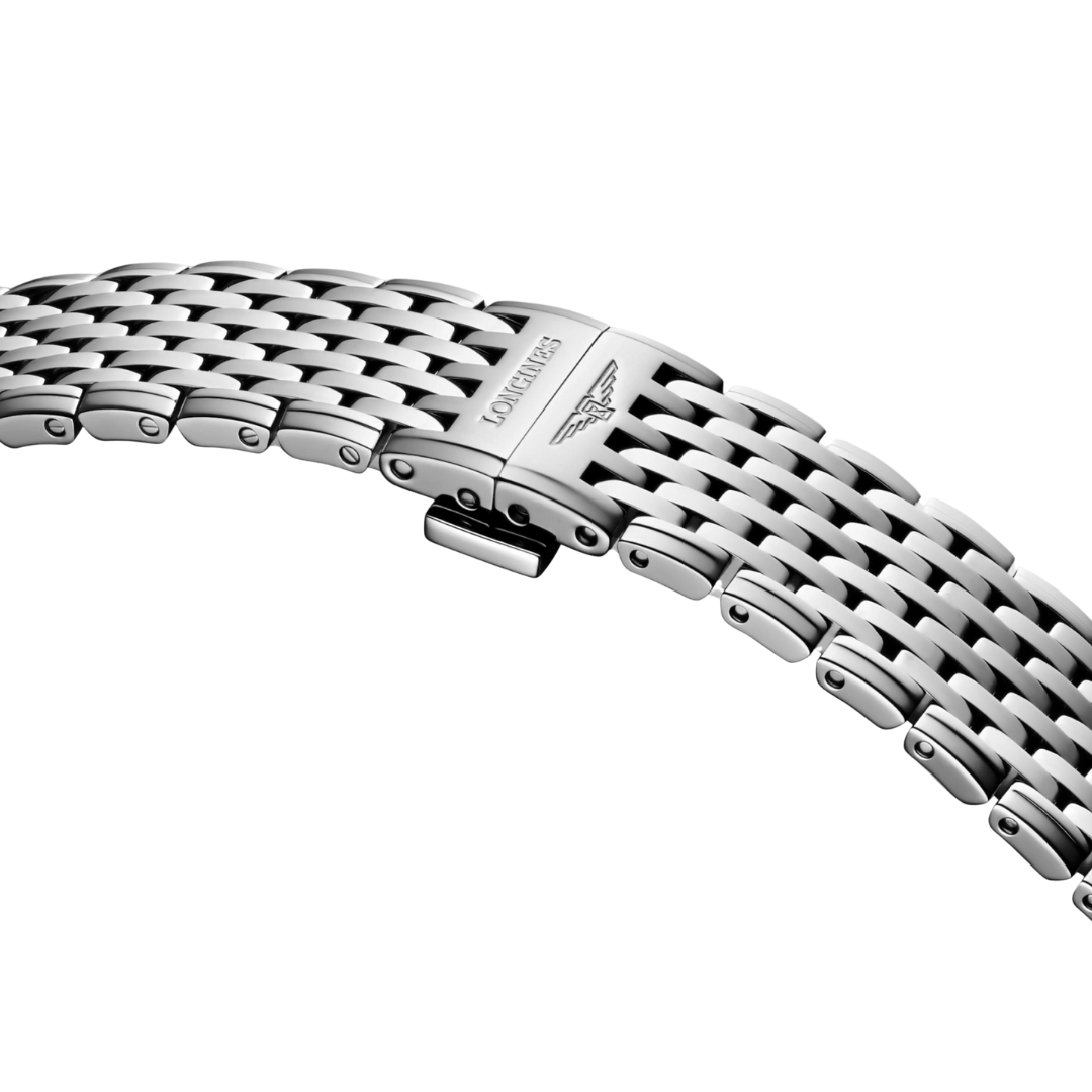 Bracciale in acciaio inossidabile con chiusura deployante a tripla sicurezza e meccanismo di apertura a pressione dell'orologio Longines La Grande Classique