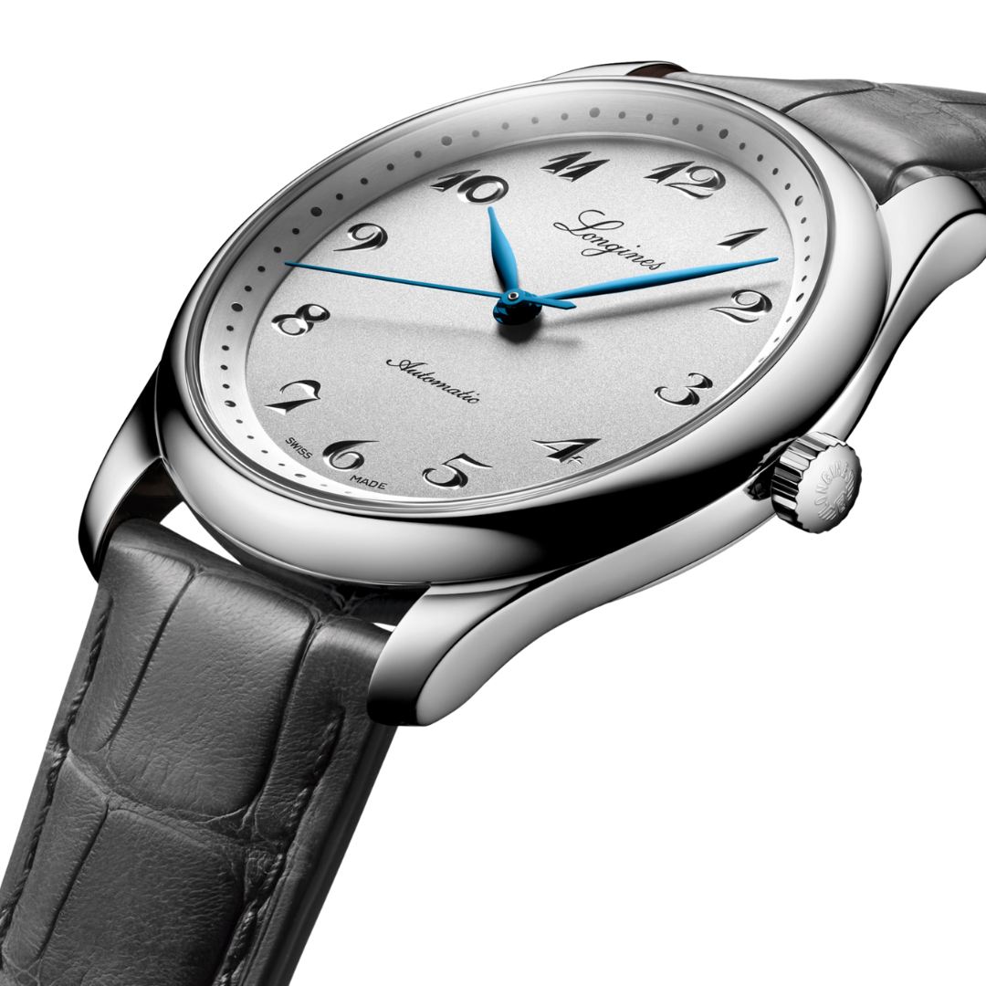 Cassa rotonda in acciaio inossidabile da 40 mm con vetro zaffiro antigraffio trattato antiriflesso e fondello trasparente in vetro zaffiro dell'orologio Longines Master Collection
