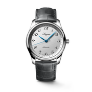 Quadrante argento con numeri arabi incisi e lancette in acciaio azzurrato dell'orologio Longines Master Collection automatico