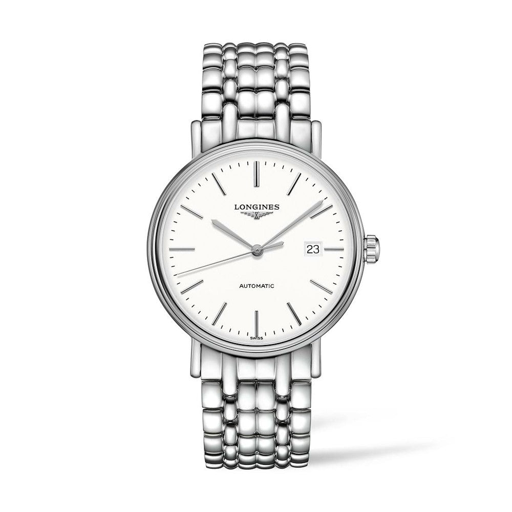 Quadrante bianco con datario e lancette luminescenti dell'orologio Longines Presence automatico