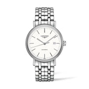 Quadrante bianco con datario e lancette luminescenti dell'orologio Longines Presence automatico