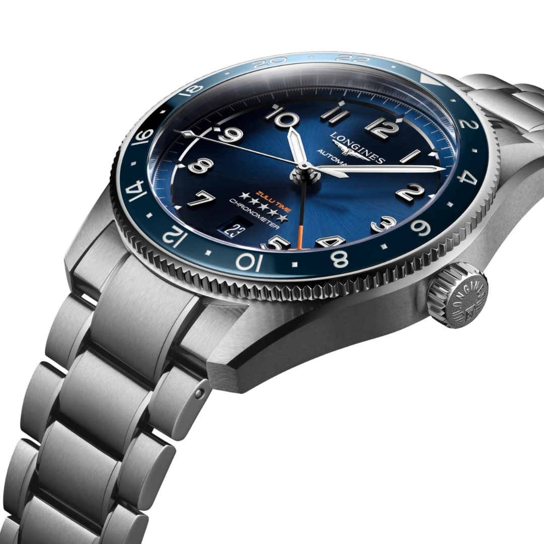 Bracciale in acciaio inossidabile con chiusura deployante a doppia sicurezza e meccanismo di apertura a pressione dell'orologio Longines Spirit Zulu Time