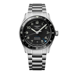 Load image into Gallery viewer, Quadrante nero mat con numeri arabi applicati e lancette argentate lucide con trattamento Swiss Super-LumiNova® dell&#39;orologio Longines Spirit Zulu Time automatico
