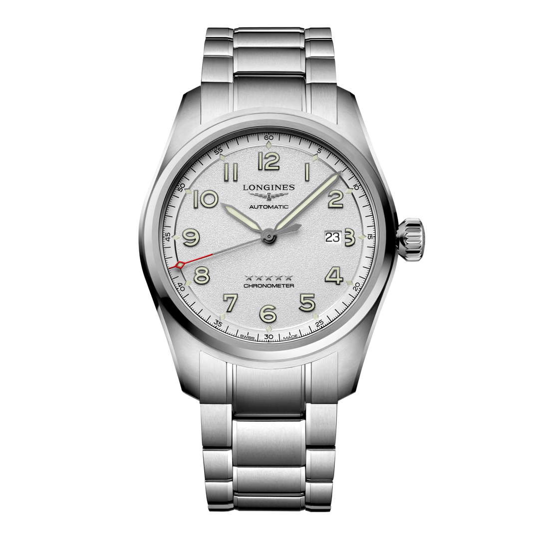 Quadrante argento con numeri arabi applicati e lancette nere con trattamento Swiss Super-LumiNova® dell'orologio Longines Spirit automatico