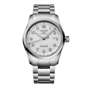 Quadrante argento con numeri arabi applicati e lancette nere con trattamento Swiss Super-LumiNova® dell'orologio Longines Spirit automatico