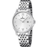Load image into Gallery viewer, Quadrante bianco con numeri romani argentati applicati e lancette sottili argento dell&#39;orologio da donna Festina Classics
