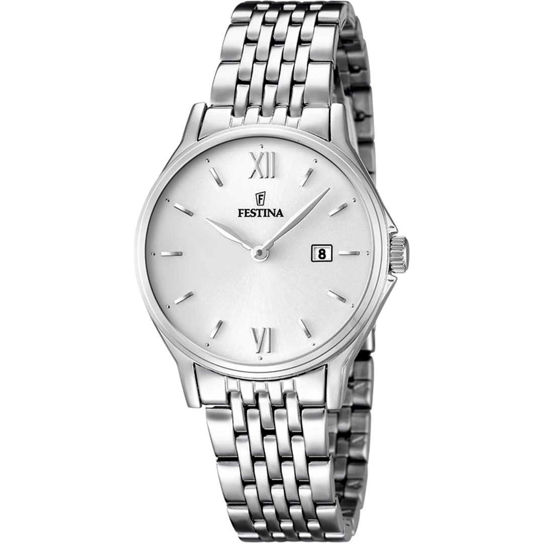 Quadrante bianco con numeri romani argentati applicati e lancette sottili argento dell'orologio da donna Festina Classics