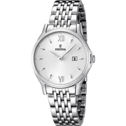 Quadrante bianco con numeri romani argentati applicati e lancette sottili argento dell'orologio da donna Festina Classics