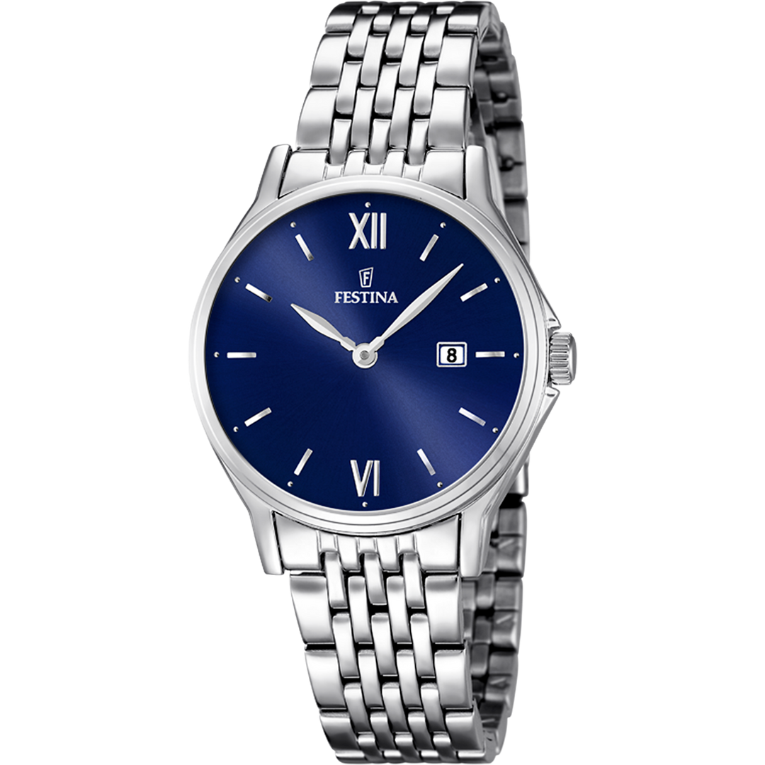 Quadrante blu sunray con indici a bastone argentati, datario a ore 3 e lancette sottili argento dell'orologio da donna Festina Classics