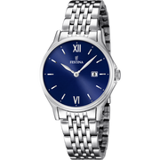 Quadrante blu sunray con indici a bastone argentati, datario a ore 3 e lancette sottili argento dell'orologio da donna Festina Classics