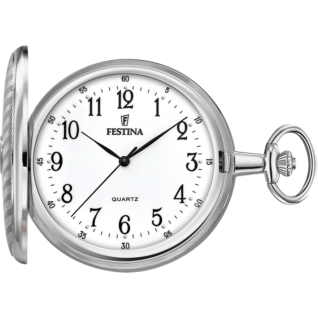 Quadrante argento con numeri arabi dipinti in stile classico e lancette sottili nere dell'orologio da tasca Festina Bolsillo