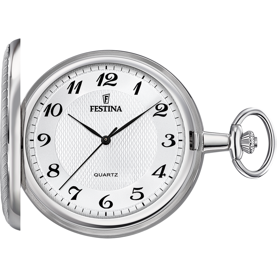 Quadrante bianco con numeri arabi dipinti in stile classico e lancette sottili nere dell'orologio da tasca Festina Bolsillo