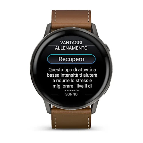 Garmin Venu® 4 - 45mm 010-03014-03 - cinturino pelle marrone - cassa acciaio nera - quadrante multifunzionale nero