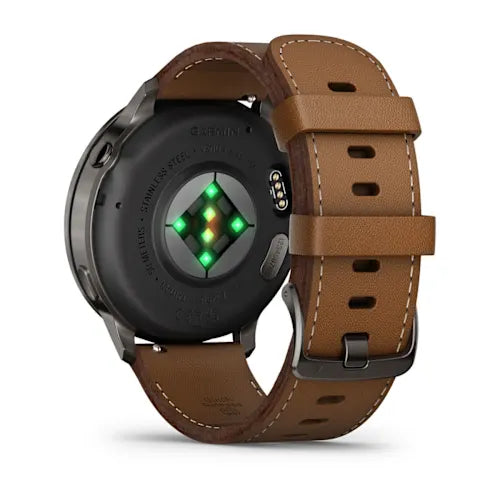 Garmin Venu® 4 - 45mm 010-03014-03 - cinturino pelle marrone - cassa acciaio nera - quadrante multifunzionale nero - fondello