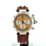 Load and play video in Gallery viewer, CARTIER Pasha Chrono Quarzo 1050 Champagne W31004H3 - cassa acciaio - cinturino pelle marrone - quadrante giallo con cronografo e datario