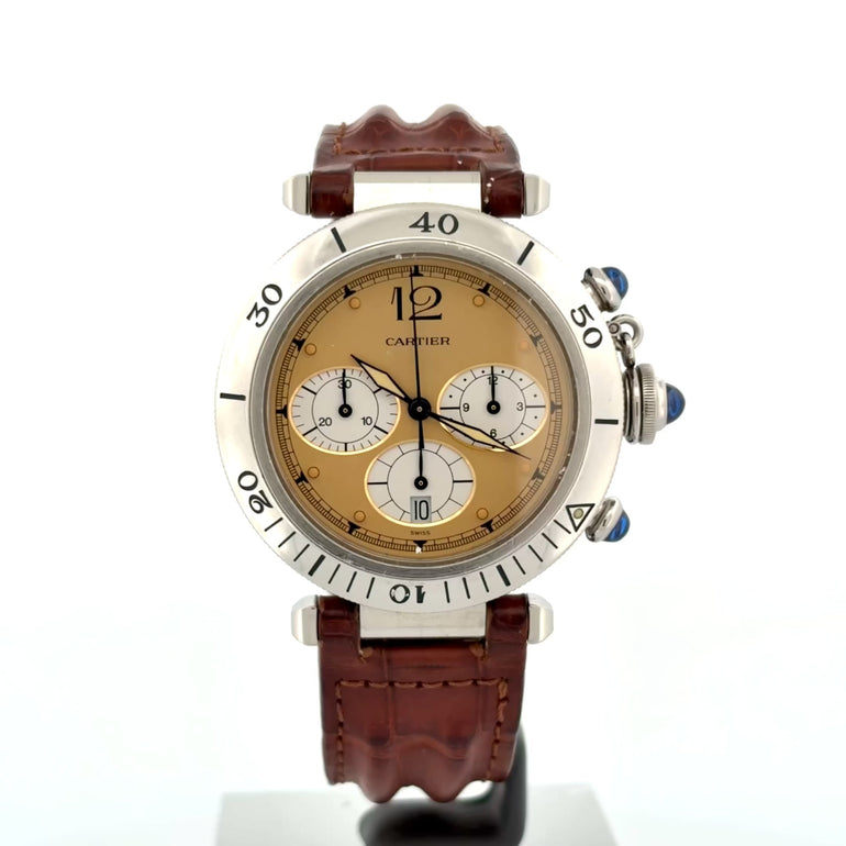 CARTIER Pasha Chrono Quarzo 1050 Champagne W31004H3 - cassa acciaio - cinturino pelle marrone - quadrante giallo con cronografo e datario