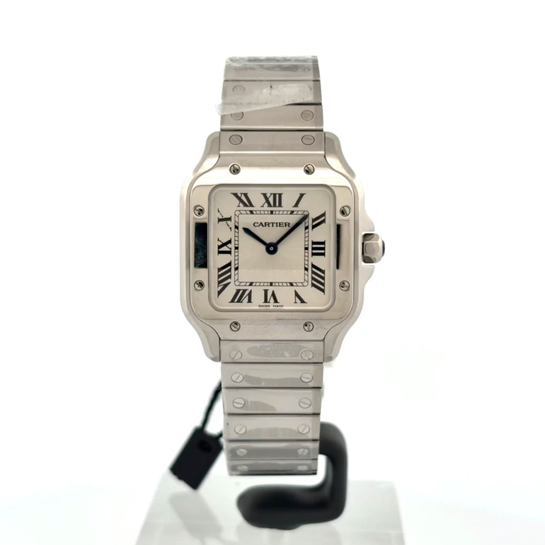 Santos de Cartier Modello Piccolo Quarzo WSSA0082 - bracciale e cassa acciaio - quadrante argento con numeri romani