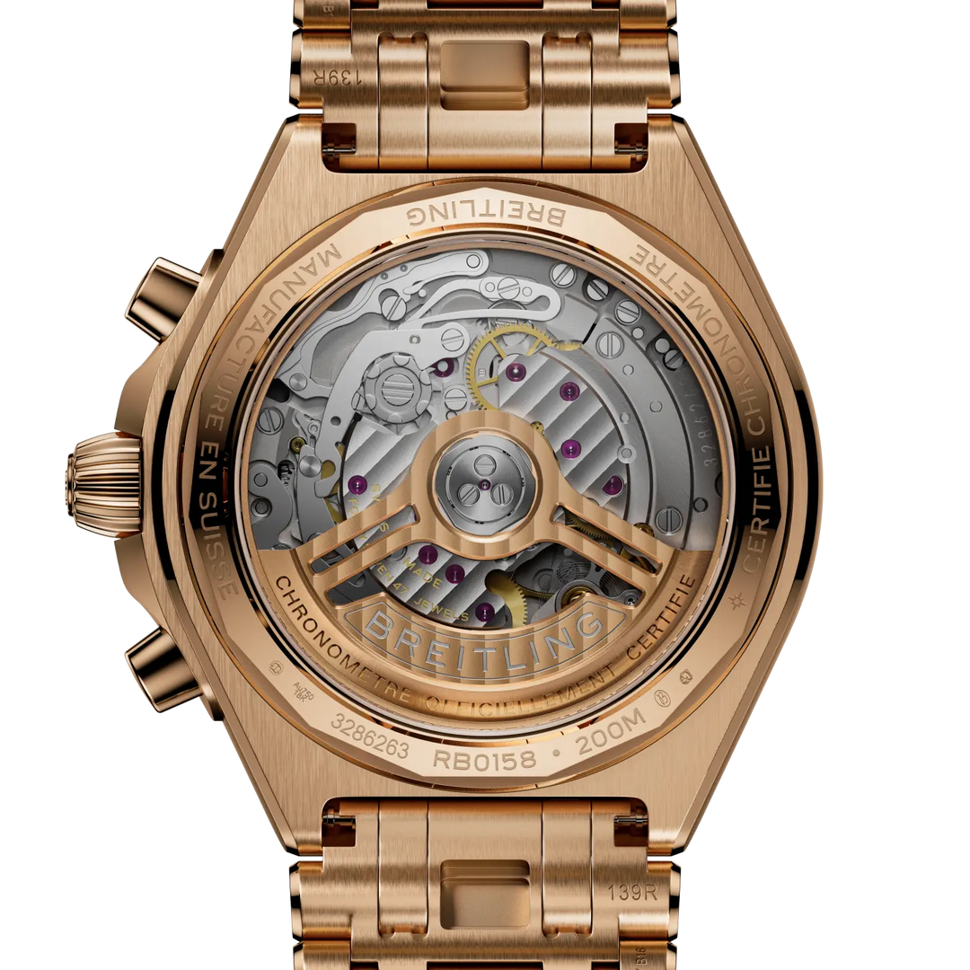 Breitling Chronomat B01 Chronograph 42 RB0158101Q1R1 - cassa e bracciale oro rosa 19kt - quadrante marrone con cronografo e datario - fondello