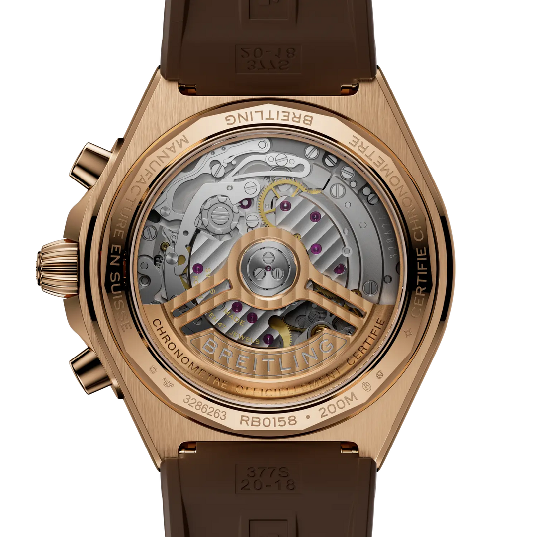 Breitling Chronomat B01 Chronograph 42 RB0158101Q1S1 - cassa oro rosa 18kt - cinturino caucciù marrone - quadrante marrone con cronografo e datario - fondello