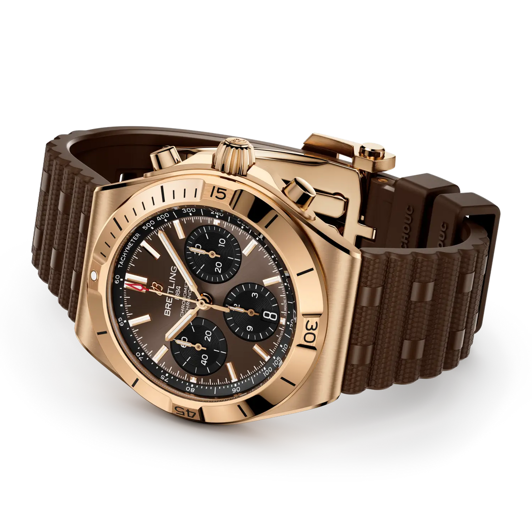 Breitling Chronomat B01 Chronograph 42 RB0158101Q1S1 - cassa oro rosa 18kt - cinturino caucciù marrone - quadrante marrone con cronografo e datario