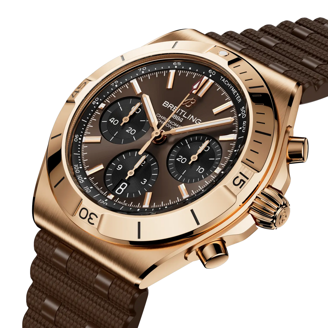 Breitling Chronomat B01 Chronograph 42 RB0158101Q1S1 - cassa oro rosa 18kt - cinturino caucciù marrone - quadrante marrone con cronografo e datario