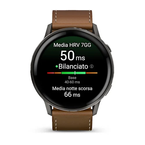 Garmin Venu® 4 - 45mm 010-03014-03 - cinturino pelle marrone - cassa acciaio nera - quadrante multifunzionale nero