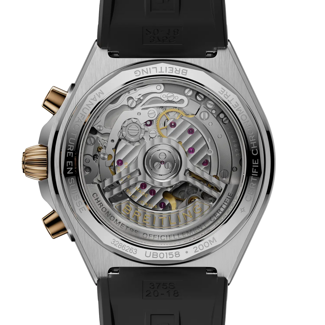 Breitling Chronomat B01 Chronograph 42 UB0158101B1S1 - cassa acciaio/oro rosa - cinturino caucciù nero - quadrante grigio con cronografo e datario - fondello