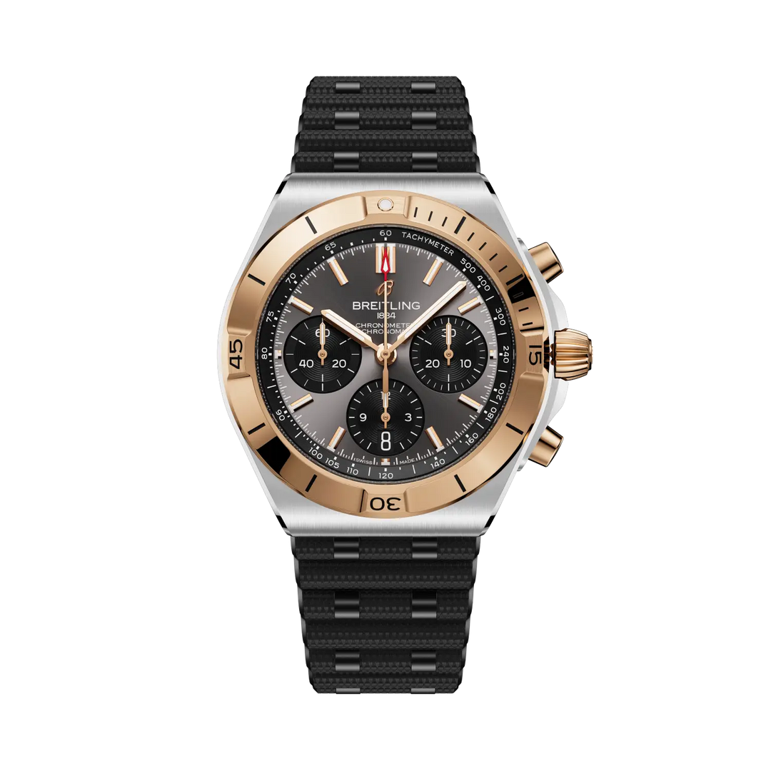 Breitling Chronomat B01 Chronograph 42 UB0158101B1S1 - cassa acciaio/oro rosa - cinturino caucciù nero - quadrante grigio con cronografo e datario 