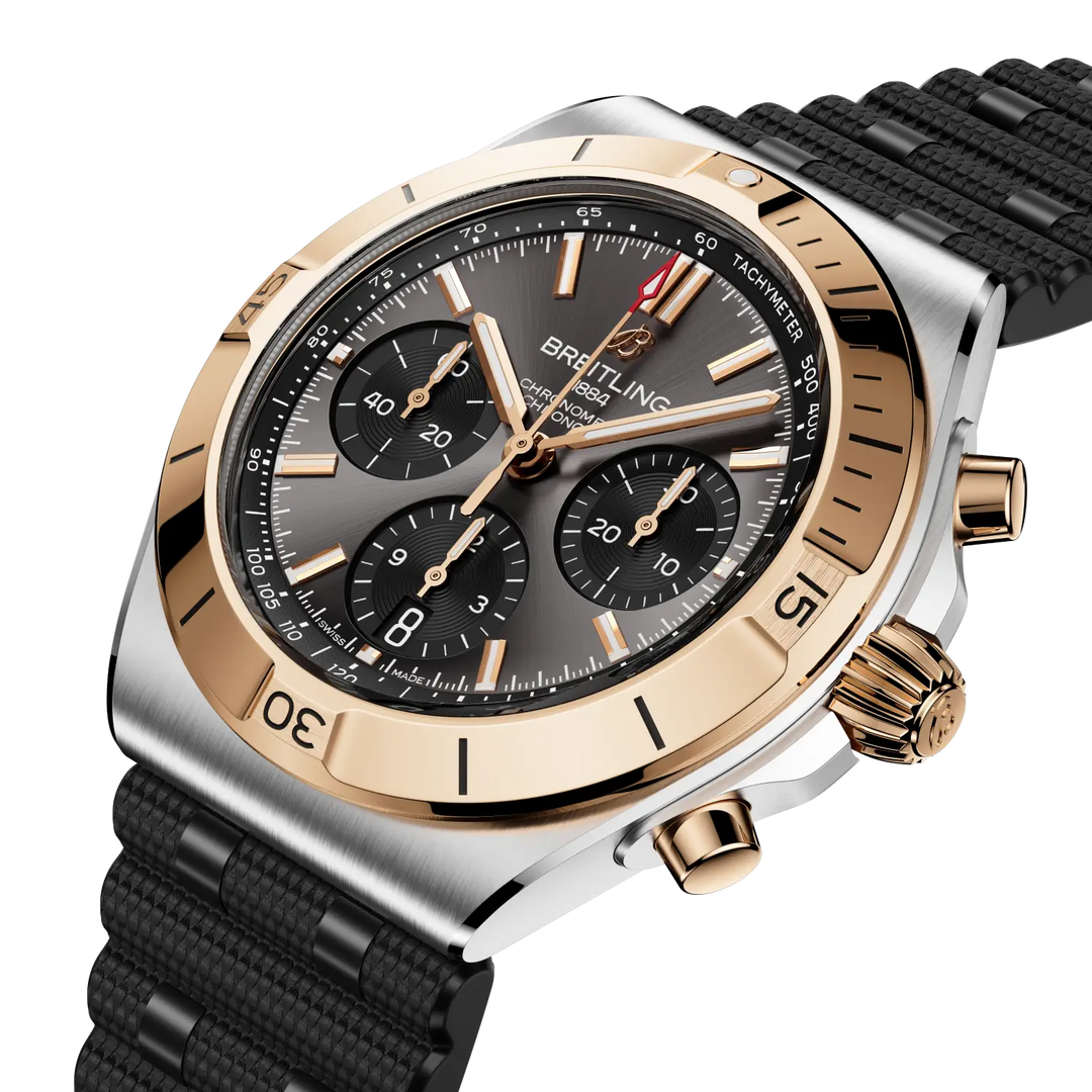 Breitling Chronomat B01 Chronograph 42 UB0158101B1S1 - cassa acciaio/oro rosa - cinturino caucciù nero - quadrante grigio con cronografo e datario 