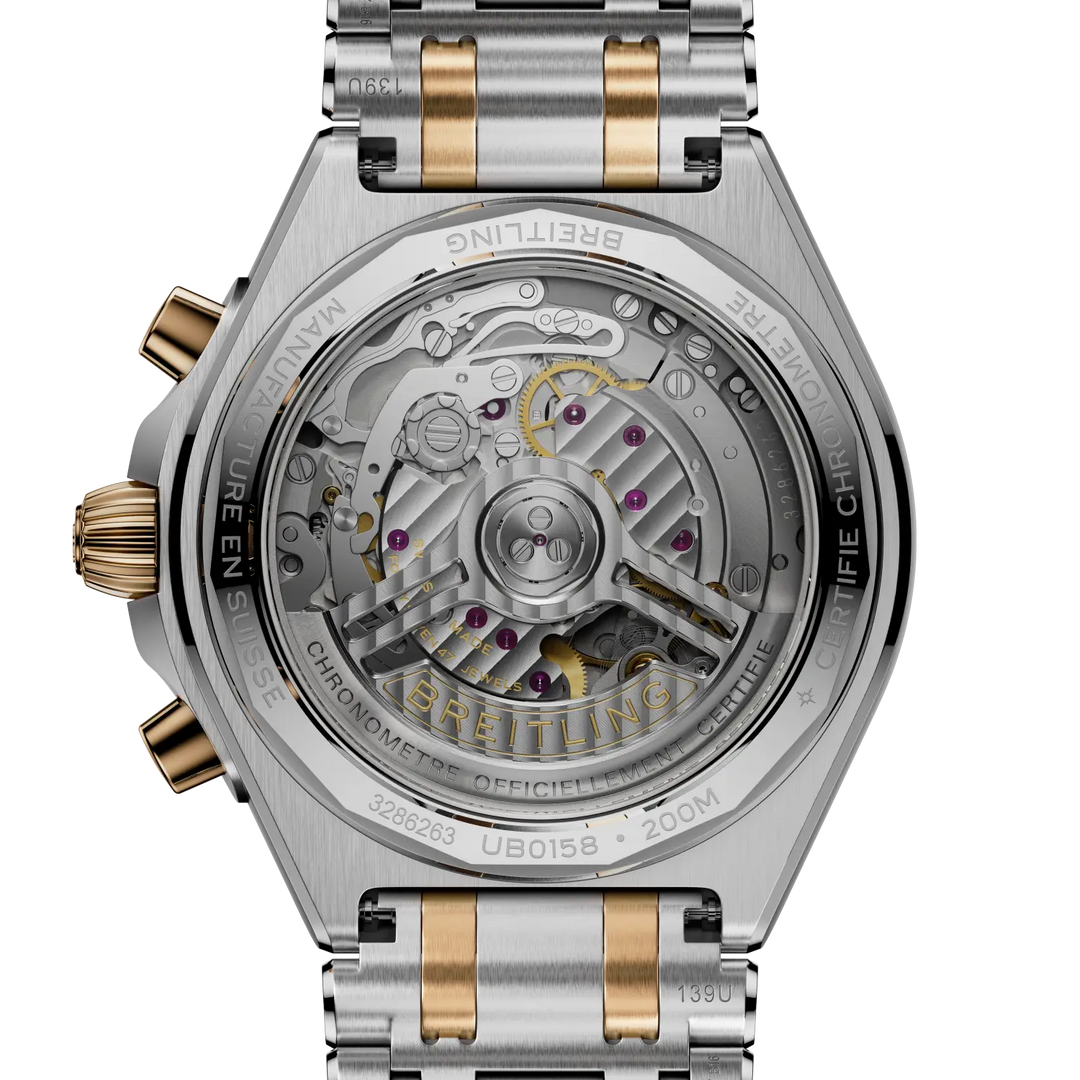 Breitling Chronomat B01 Chronograph 42 UB0158101B1U1 - bracciale e cassa acciaio/oro rosa 18kt - quadrante grigio con cronografo e datario - fondello