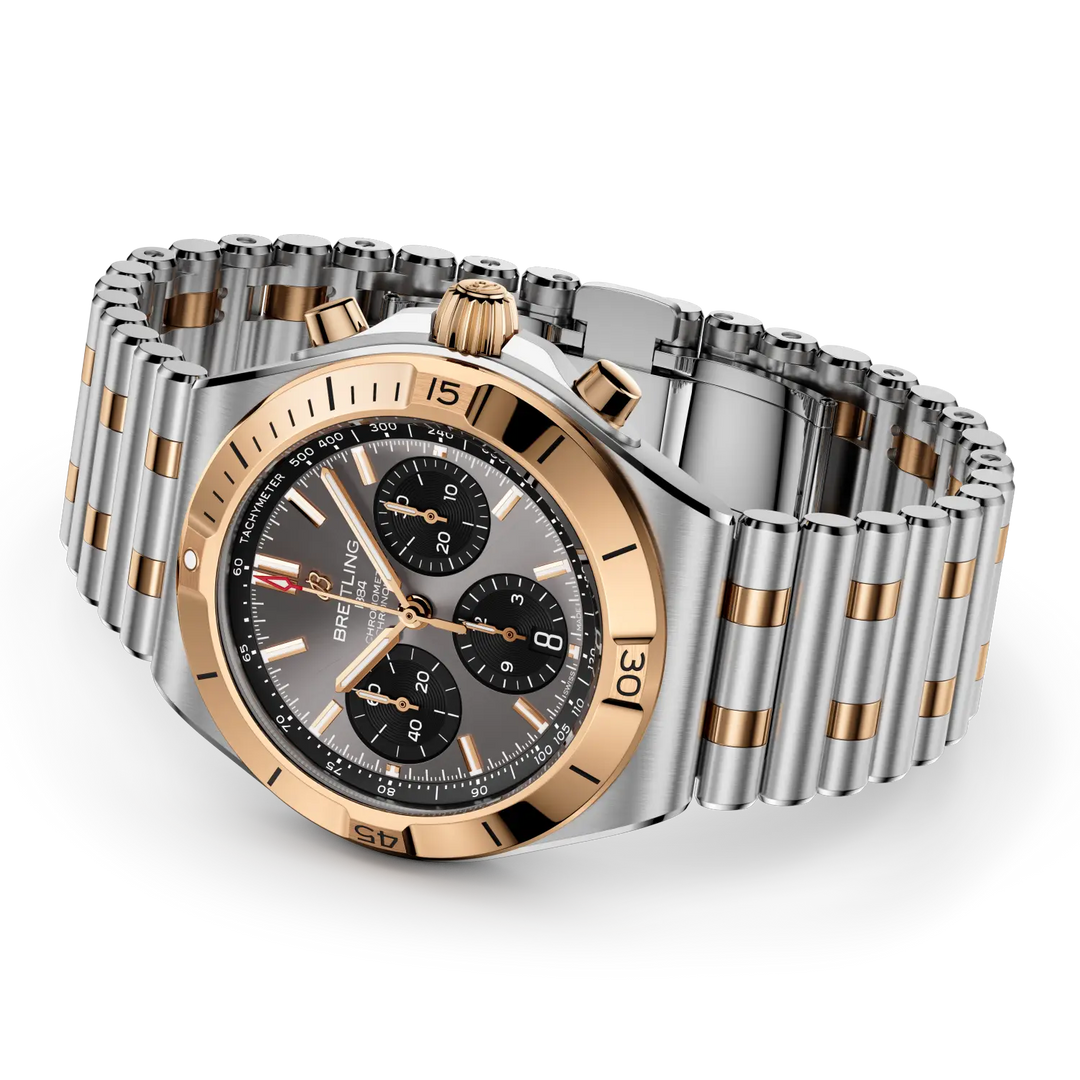 Breitling Chronomat B01 Chronograph 42 UB0158101B1U1 - bracciale e cassa acciaio/oro rosa 18kt - quadrante grigio con cronografo e datario