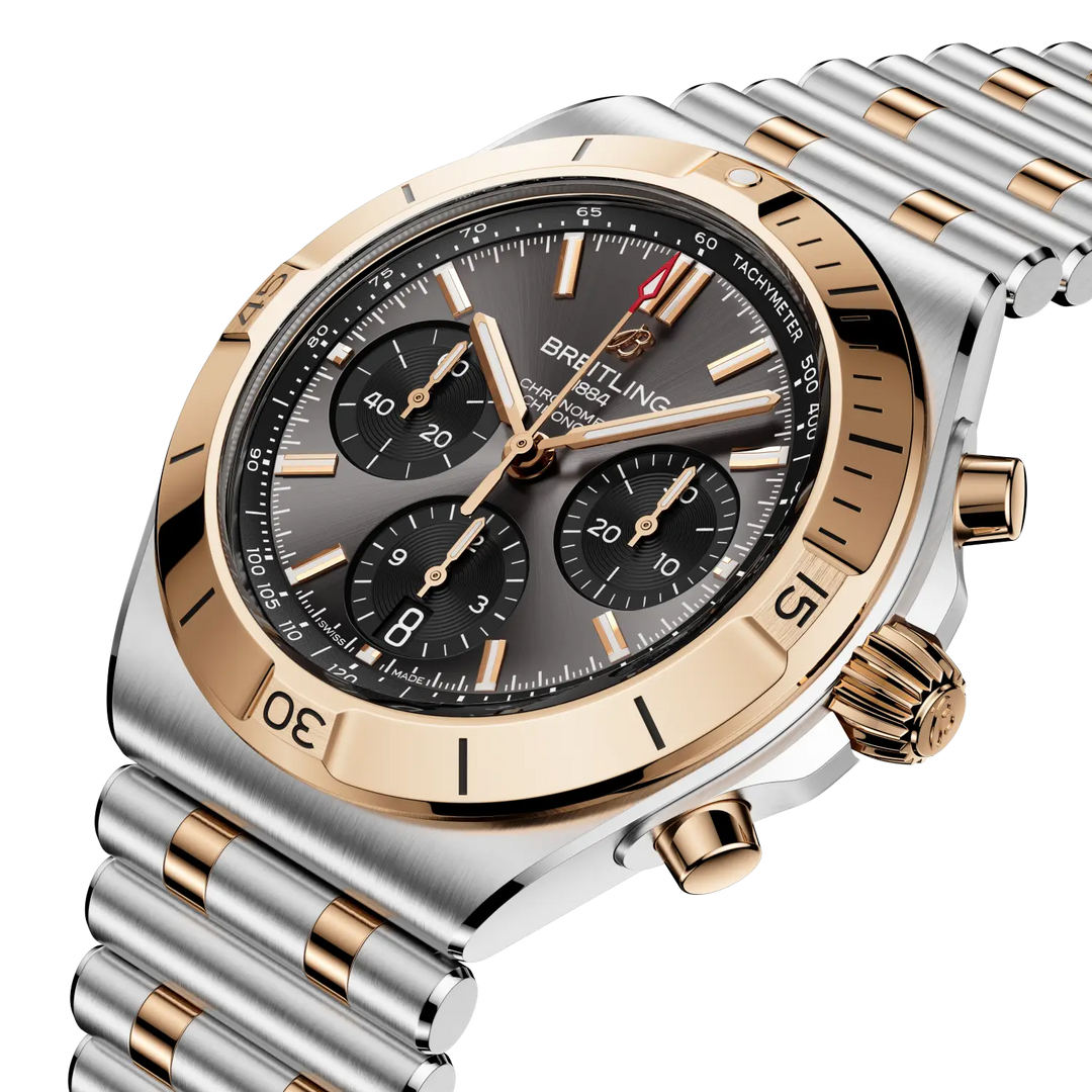 Breitling Chronomat B01 Chronograph 42 UB0158101B1U1 - bracciale e cassa acciaio/oro rosa 18kt - quadrante grigio con cronografo e datario