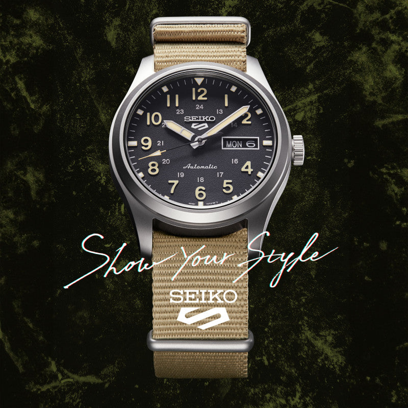 Seiko 5 sports SRPG35K1 - cassa acciaio - cinturino nylon beige - quadrante nero con datario