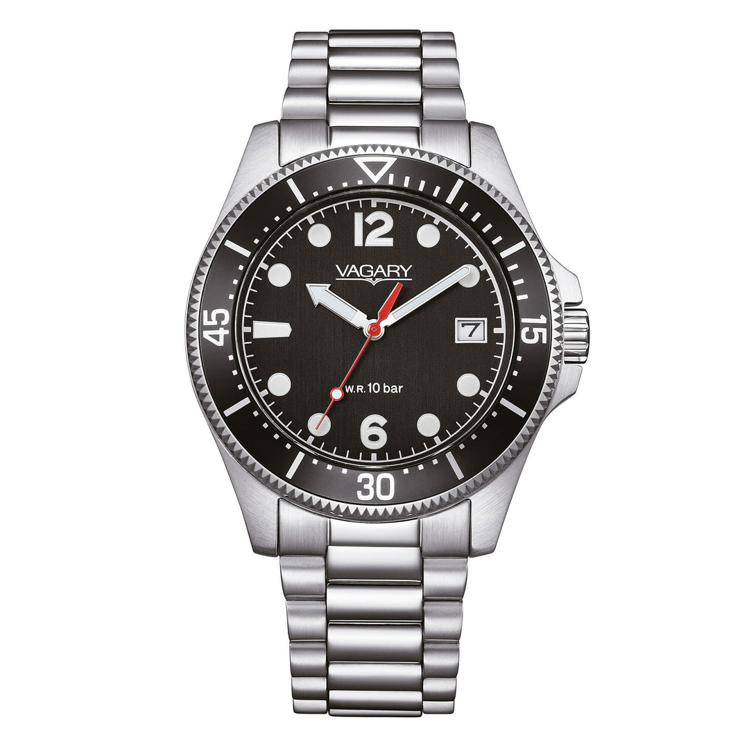 Vagary Aqua39 Solotempo VD5-317-51 - cassa e bracciale acciaio - quadrante e ghiera neri - datario